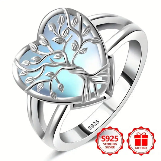 Sterling Silver Tree of Life Moonstone Heart Ring size N 1/2