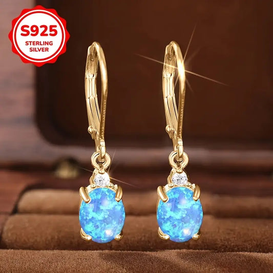Sterling Silver Yellow Gold Plated Oval Blue Opal Drop Earrings