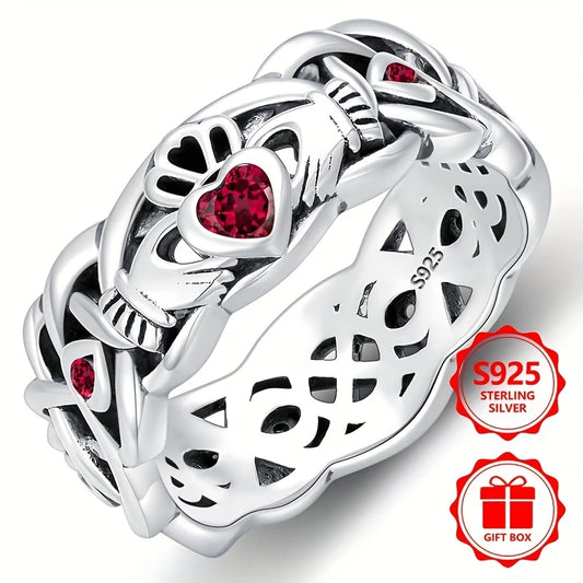 Sterling Silver Claddagh Unisex Red Cubic Zirconia Heart Band Ring size P 1/2 or T 1/2