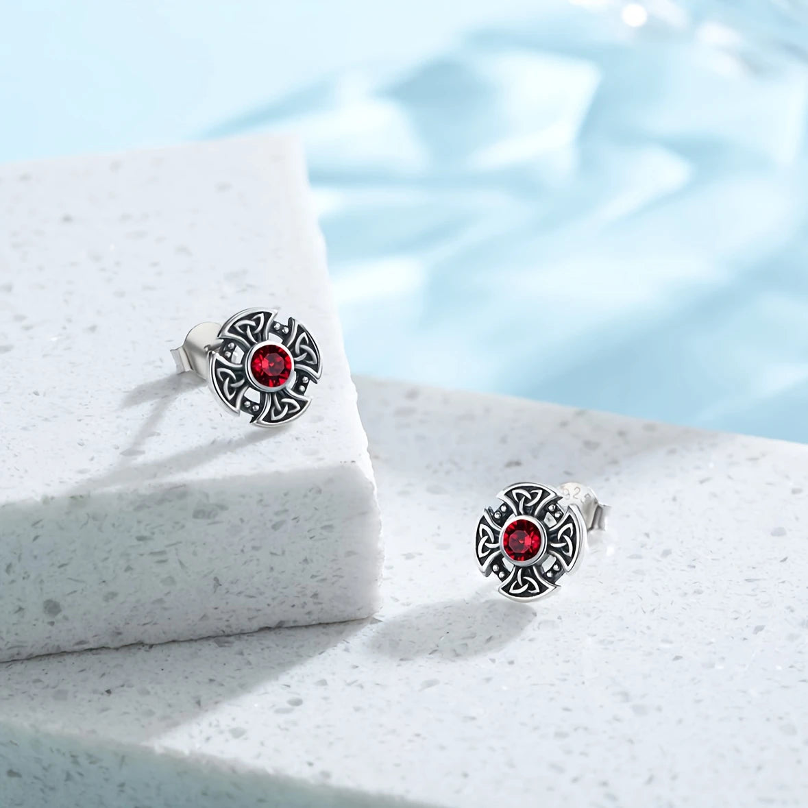 Sterling Silver Viking Celtic Knot Red Cubic Zirconia Stud Earrings