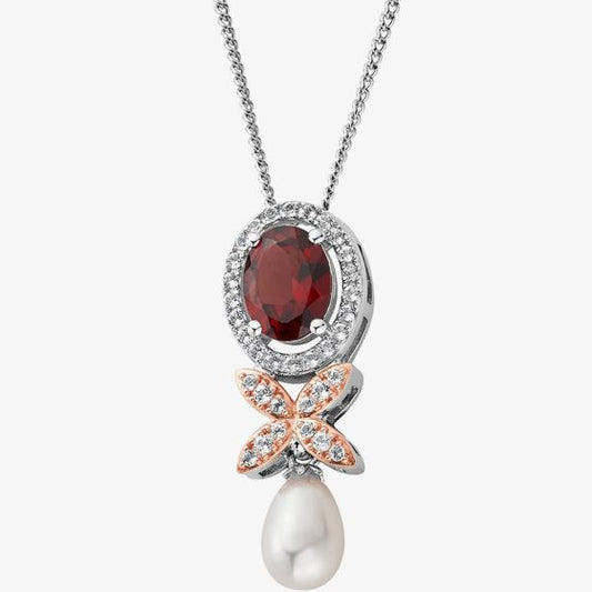 Clogau Sterling Silver & 9ct Rose Gold Jewel Superbloom Garnet & Pearl Pendant