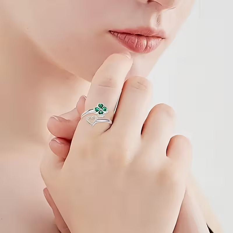 Sterling Silver 4 Leaf Clover & Heart Cubic Zirconia Ring Adjustable P-U