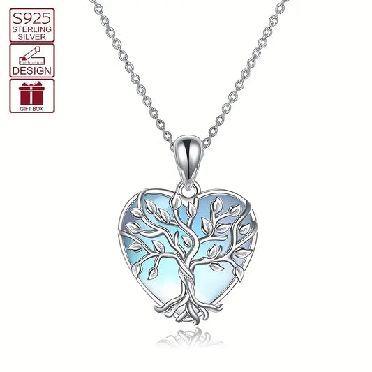 Sterling Silver Small Tree of Life Moonstone Heart Pendant & Chain