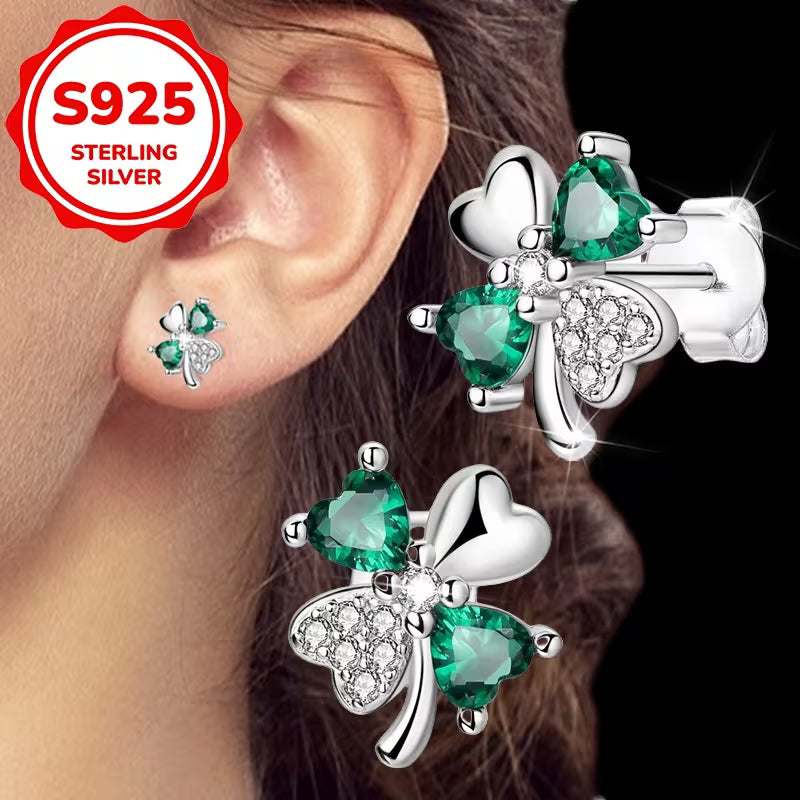 Sterling Silver 4 Leaf Clover Cubic Zirconia Stud Earrings