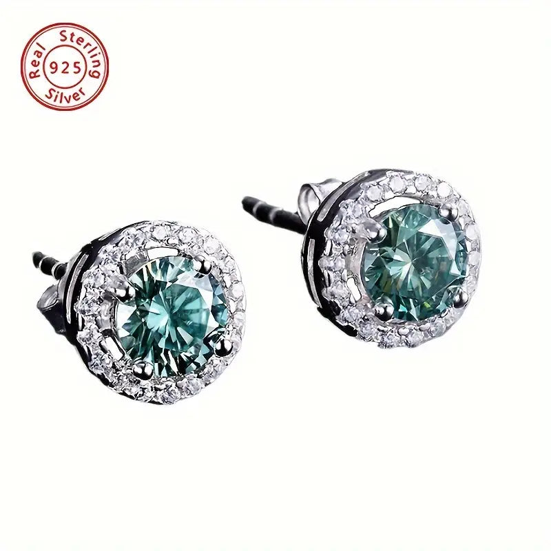 Sterling Silver 1ct Green/Blue Round Moissanite Stud Earrings