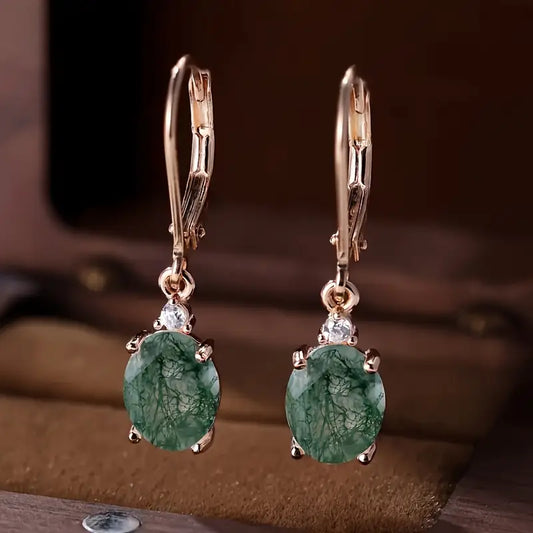 Rose Gold Plated Sterling Silver Oval Moss Agate Drop Earrings