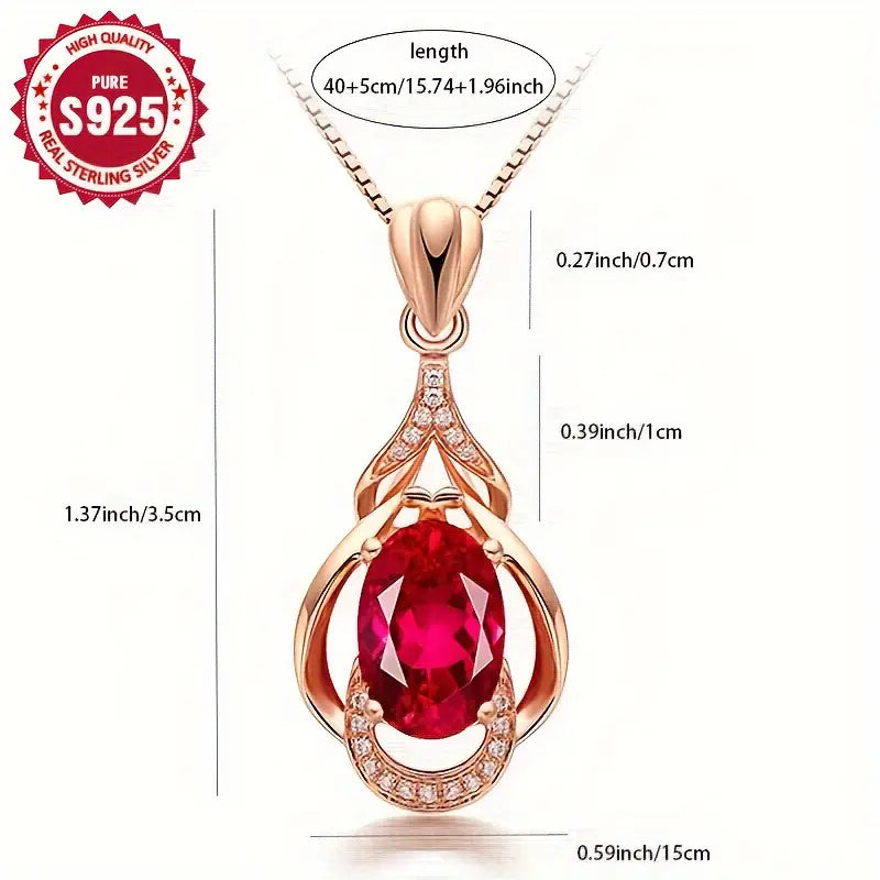 Sterling Silver (Rose Gold Plated) Red Cubic Zirconia Teardrop Pendant & Chain