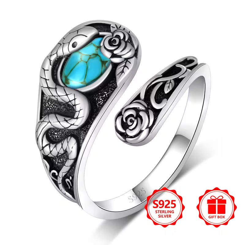 Sterling Silver Snake & Rose Oval Turquoise Ring Adjustable P-T