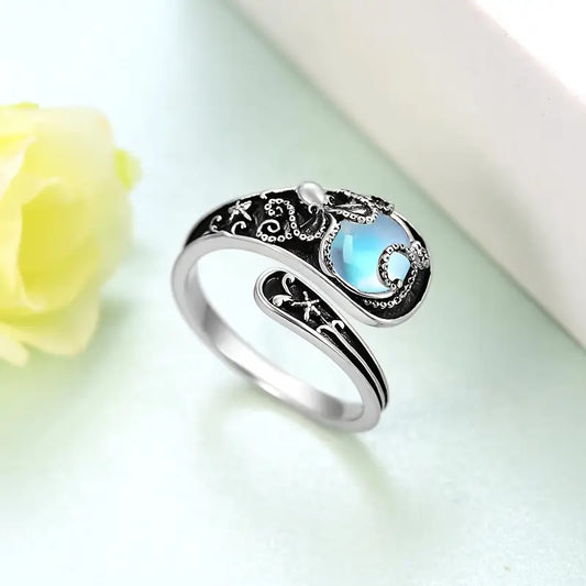 Sterling Silver Octopus Moonstone Spoon Ring (Adjustable)