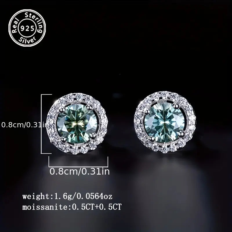 Sterling Silver 1ct Green/Blue Round Moissanite Stud Earrings