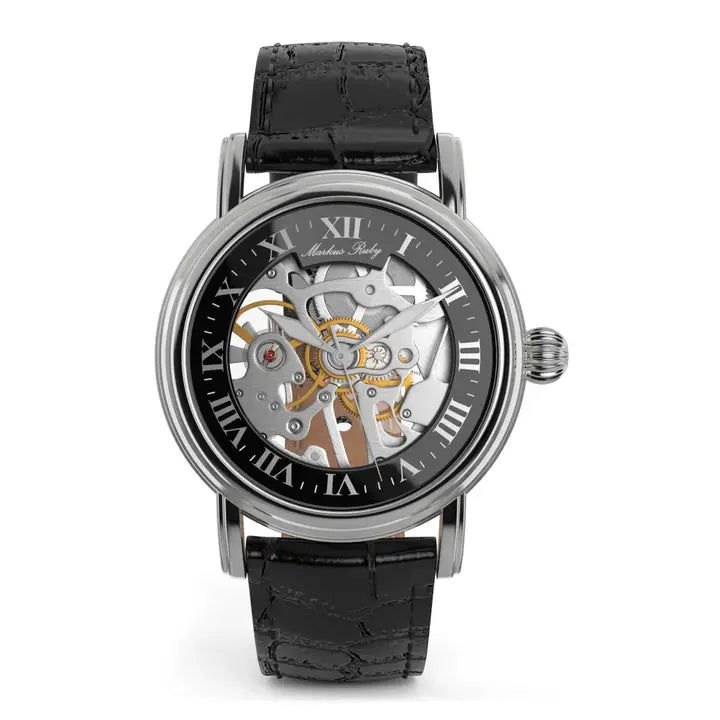 Markus Ruby Mechanical Men's Skeleton Wrist Watch (Black Leather Strap)