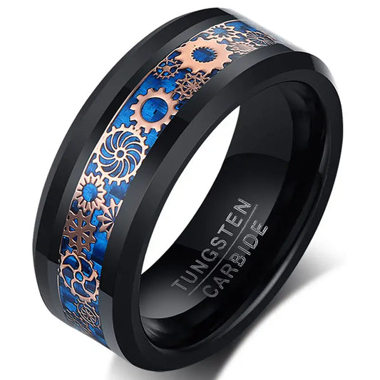 Tungsten Carbide Steampunk Cog Inlaid Patterned Ring size T