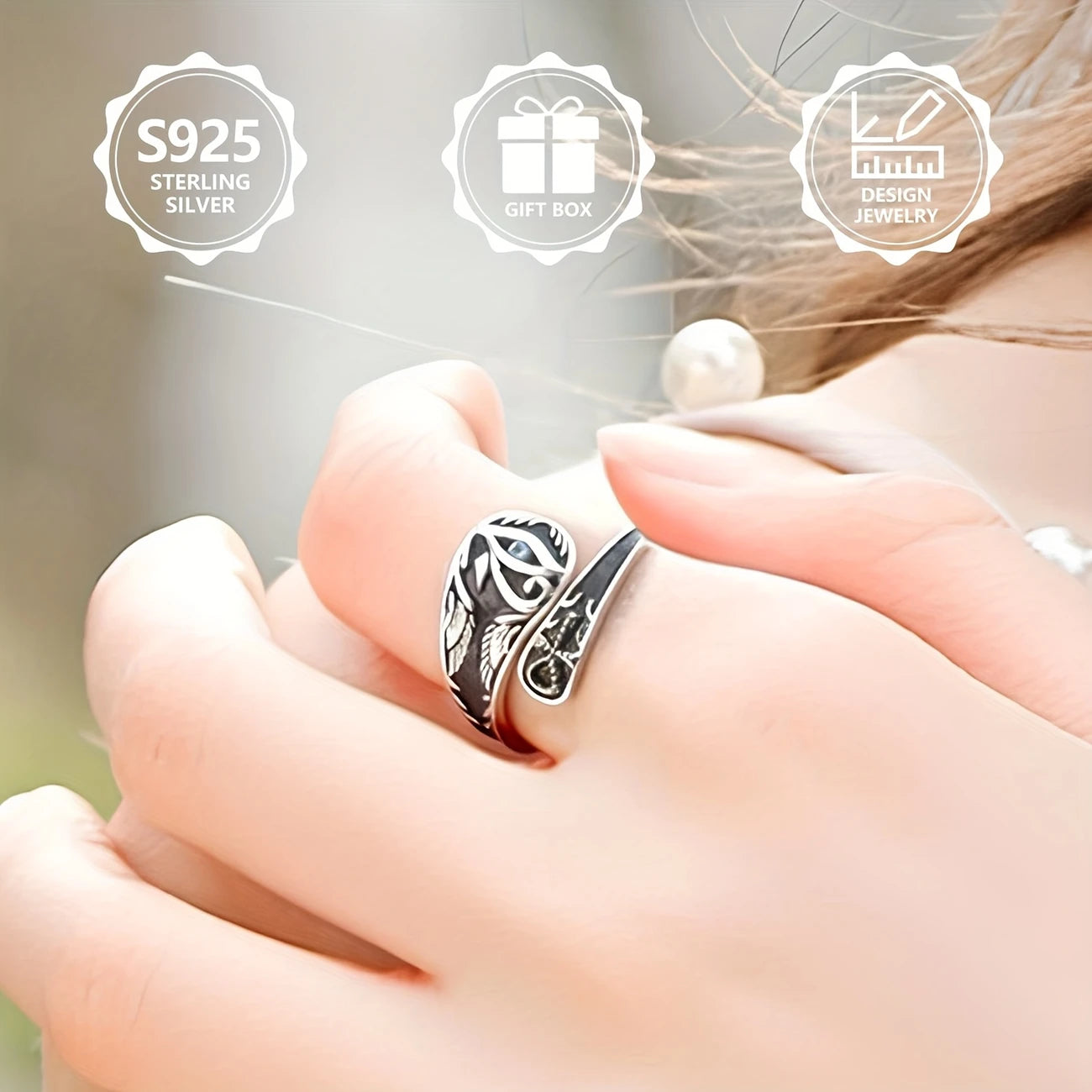 Sterling Silver Eye of Horus Spoon Ring (Adjustable size S-V)
