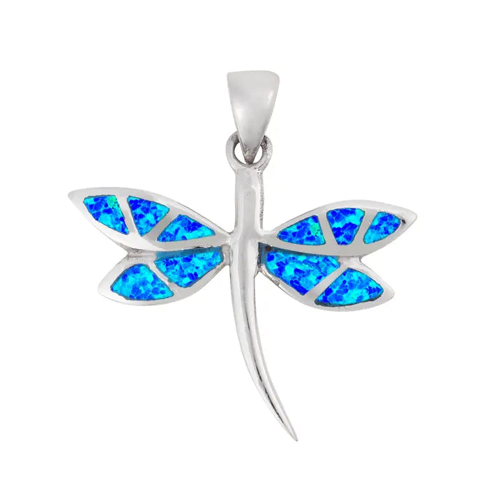 Sterling Silver Blue Opal Dragonfly Pendant & Chain