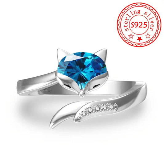 Sterling Silver Blue Cubic Zirconia Fox Ring (Adjustable O-U)