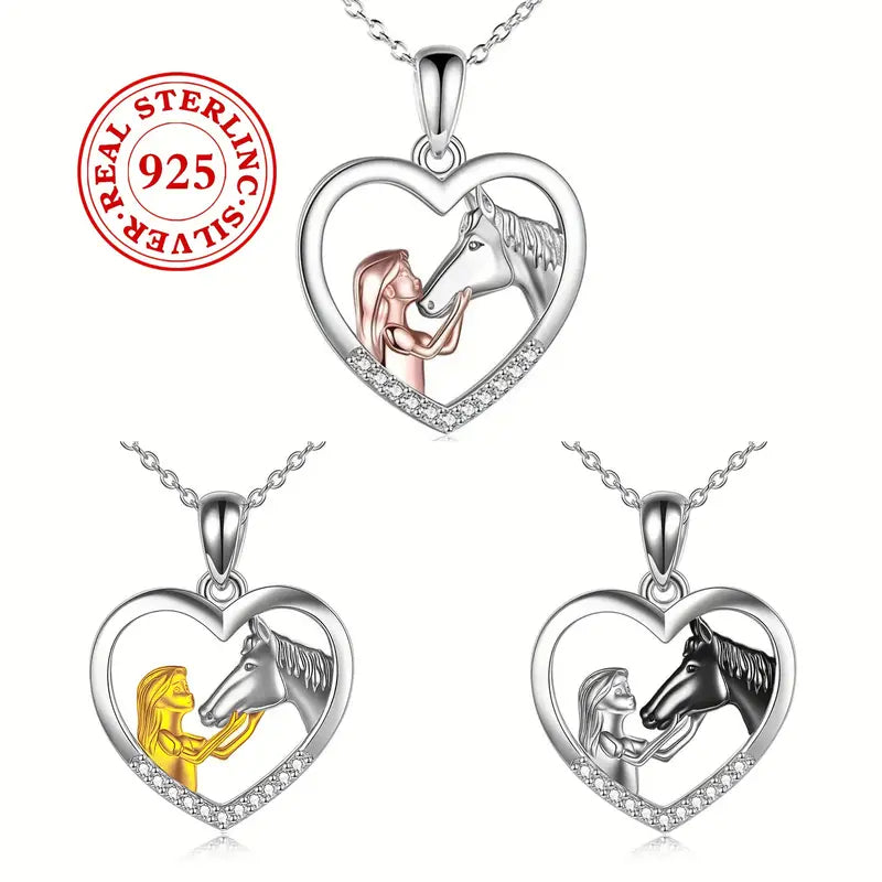 Sterling Silver 2 Tone Hugging Black Horse & Child Cubic Zirconia Heart Pendant & Chain