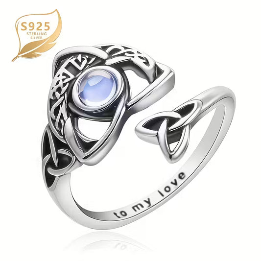 Sterling Silver Celtic Knot Crescent Moon Moonstone Ring Adjustable size P-T