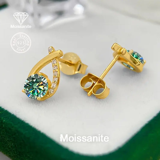 Sterling Silver Yellow Gold Plated 0.5ct Blue/Green Moissanite Stud Earrings