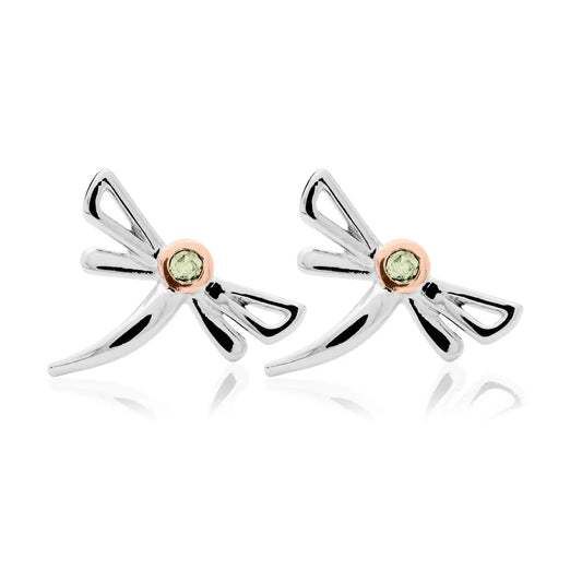 Clogau Sterling Silver & 9ct Rose Gold Damselfly Peridot Stud Earrings