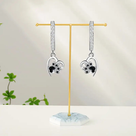 Sterling Silver Pawprints Heart Cubic Zirconia Hoop Drop Earrings