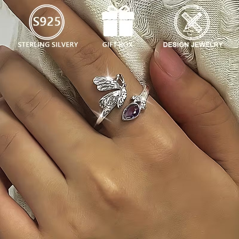 Sterling Silver Butterfly Purple Cubic Zirconia Ring Adjustable size O-T