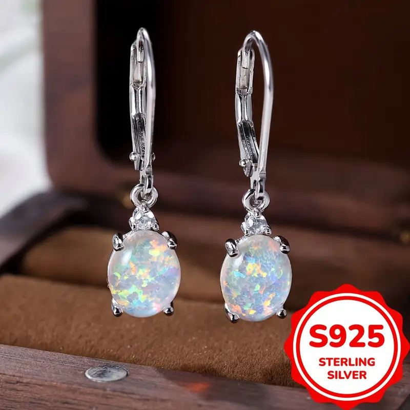 Sterling Silver Oval Opal Drop Earrings