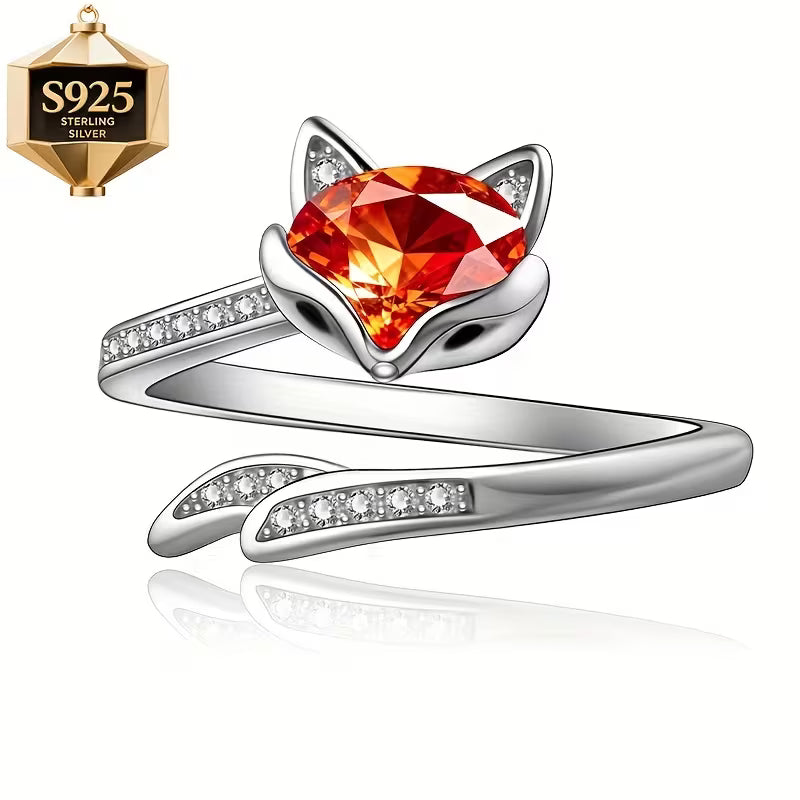 Sterling Silver Fox Red/Orange Cubic Zirconia Ring Adjustable O-U