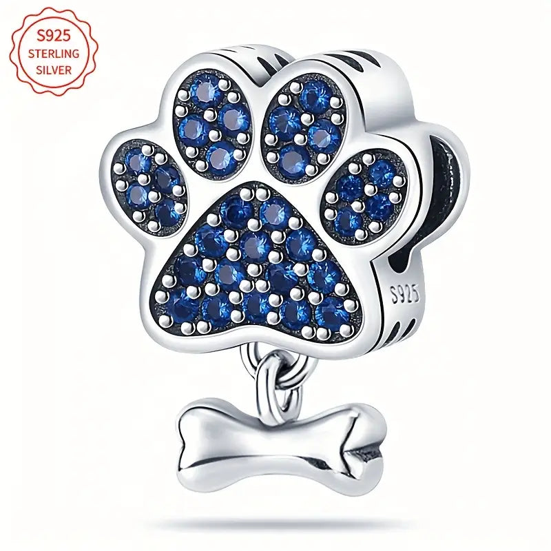 Sterling Silver Blue Cubic Zirconia Dog Paw & Bone Bead Charm
