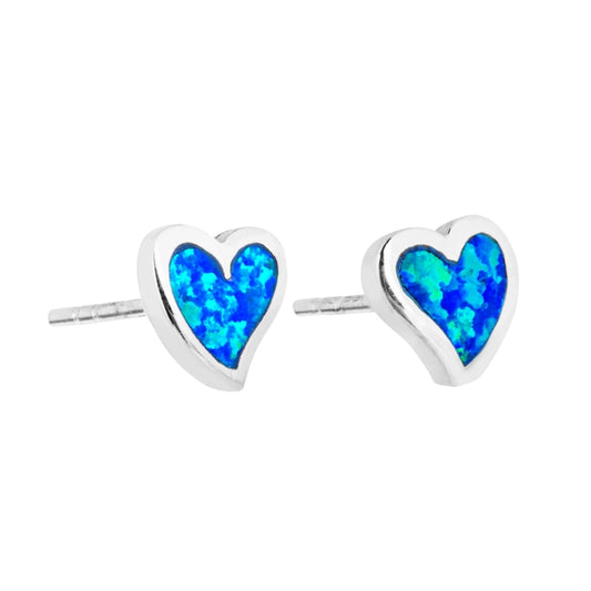 Sterling Silver Blue Opal Offset Heart Stud Earrings