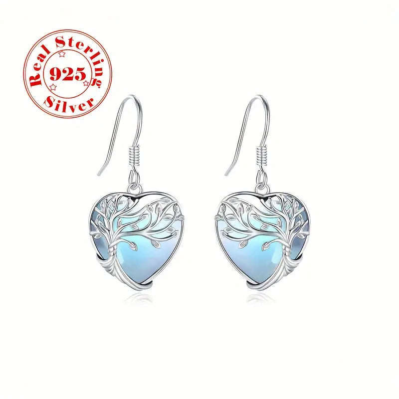 Sterling Silver Moonstone Tree of Life Heart Drop Earrings