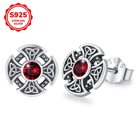 Sterling Silver Viking Celtic Knot Red Cubic Zirconia Stud Earrings