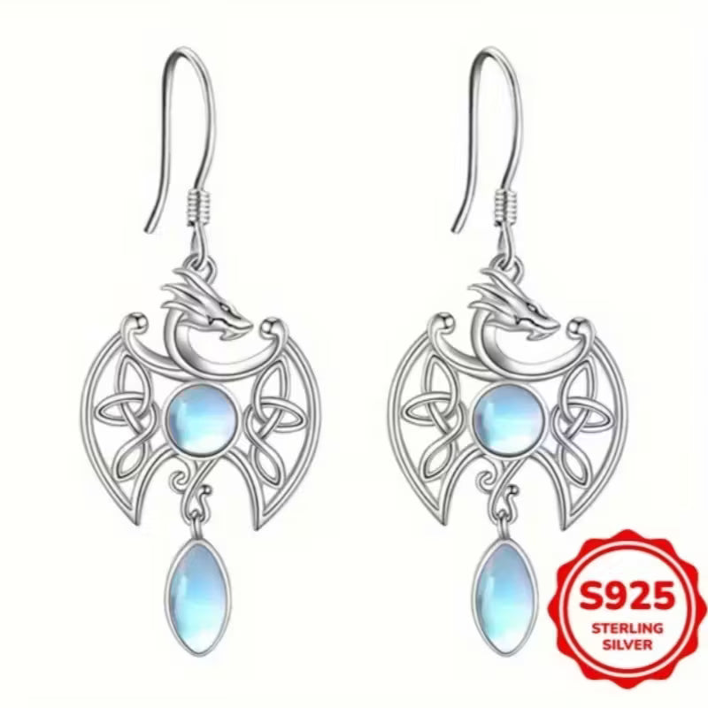 Sterling Silver Celtic Dragon Moonstone Drop Earrings