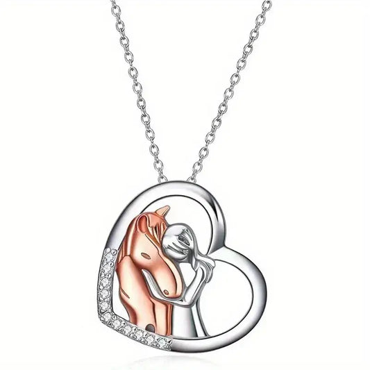 Sterling Silver 2 Tone Hugging Horse & Lady Cubic Zirconia Heart Pendant & Chain