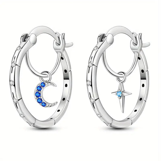 Sterling Silver Asymmetrical Moon & Star Hoop Earrings