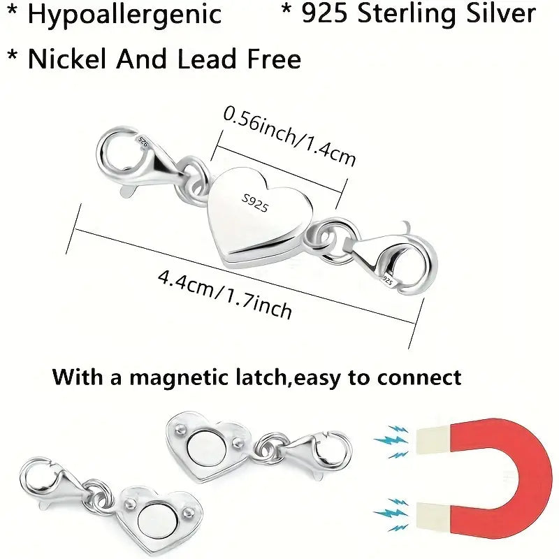 Sterling Silver Magnetic Heart Clasp & Closure Extension for Bracelet & Necklace