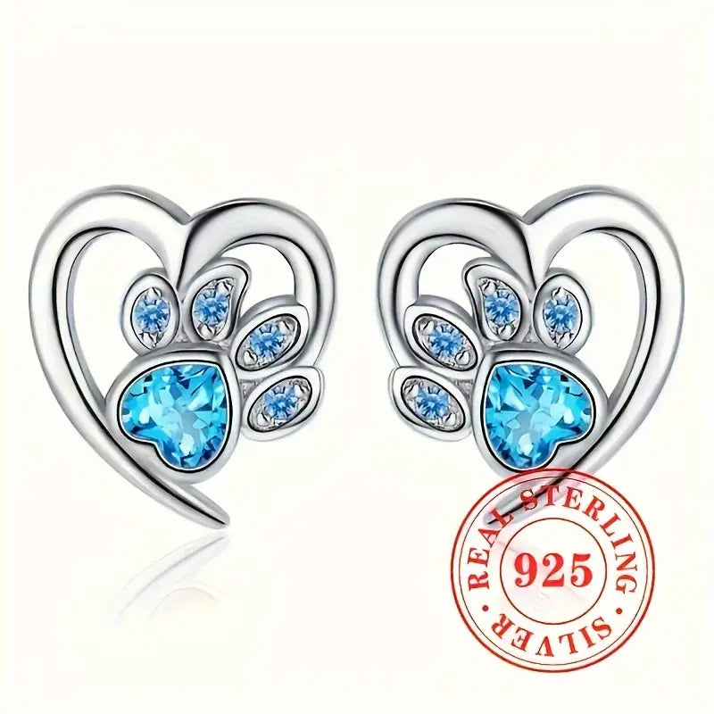 Sterling Silver Blue Cubic Zirconia Paw Print Heart Stud Earrings