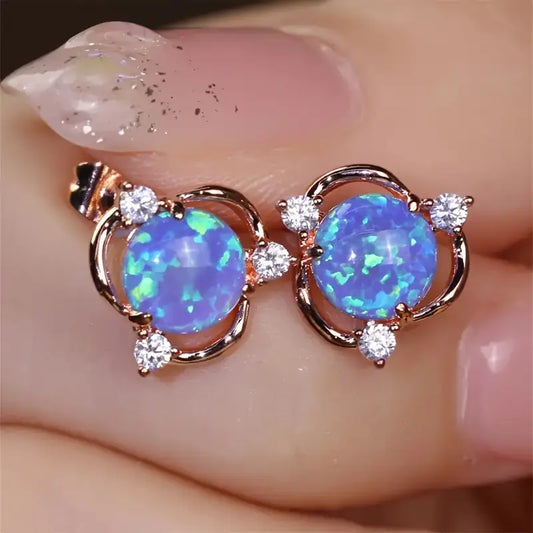 Sterling Silver Rose Gold Plated Round Blue Opal & Cubic Zirconia Stud Earrings