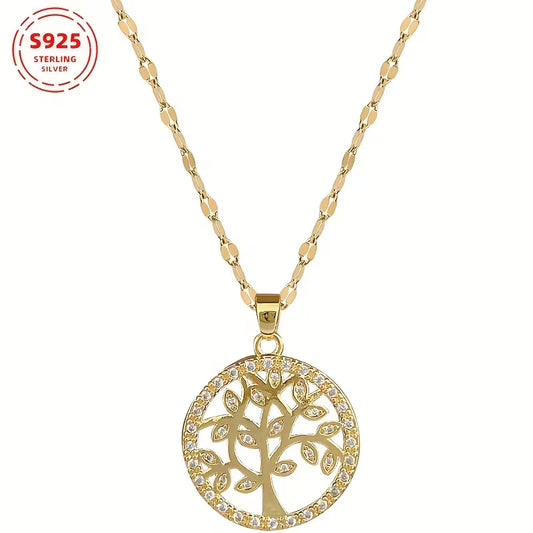Yellow Gold Plated Sterling Silver Tree of Life Circle CZ Pendant & Chain