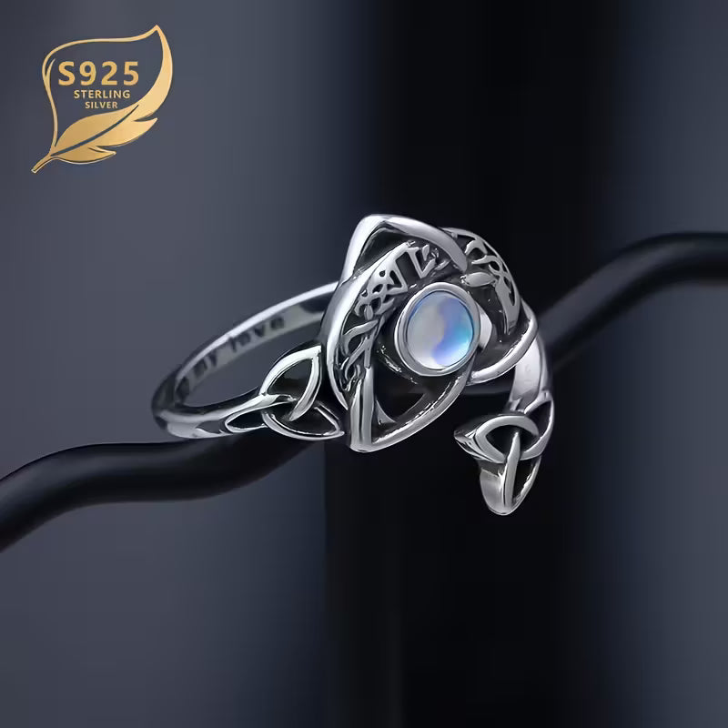 Sterling Silver Celtic Knot Crescent Moon Moonstone Ring Adjustable size P-T