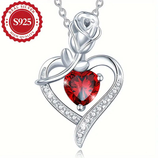 Sterling Silver Red Cubic Zirconia Rose & Heart Pendant & Chain