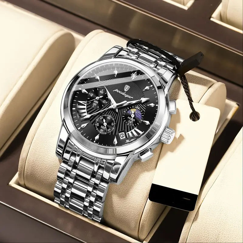 Men's Stainless Steel Black Dial Quartz Chronograph Date Wrist Watch