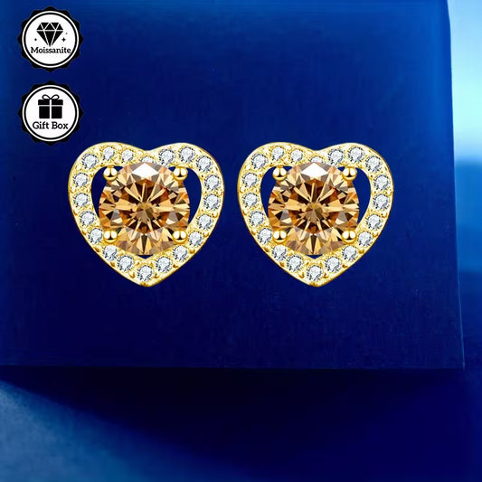 Yellow Gold Plated Sterling Silver 1ct Imperial Yellow Moissanite Heart Stud Earrings