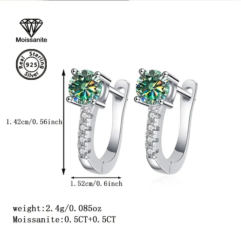 Sterling Silver 1ct Blue/Green Moissanite Huggie Hoop Earrings