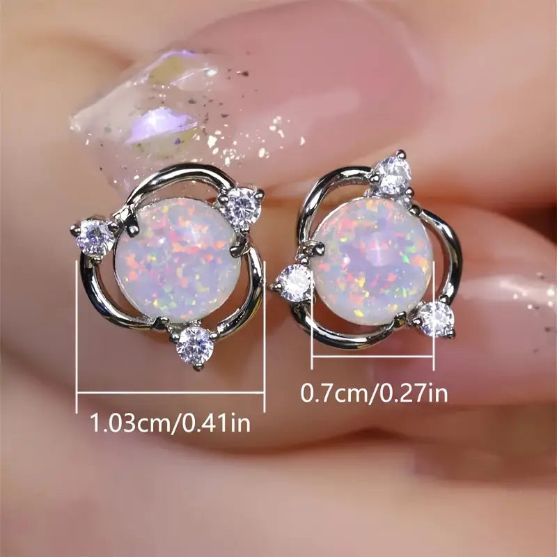 Sterling Silver Rose Gold Plated Round Blue Opal & Cubic Zirconia Stud Earrings