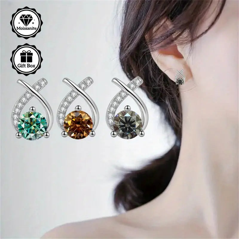 Sterling Silver 0.5ct Blue/Green Moissanite Bow Stud Earrings