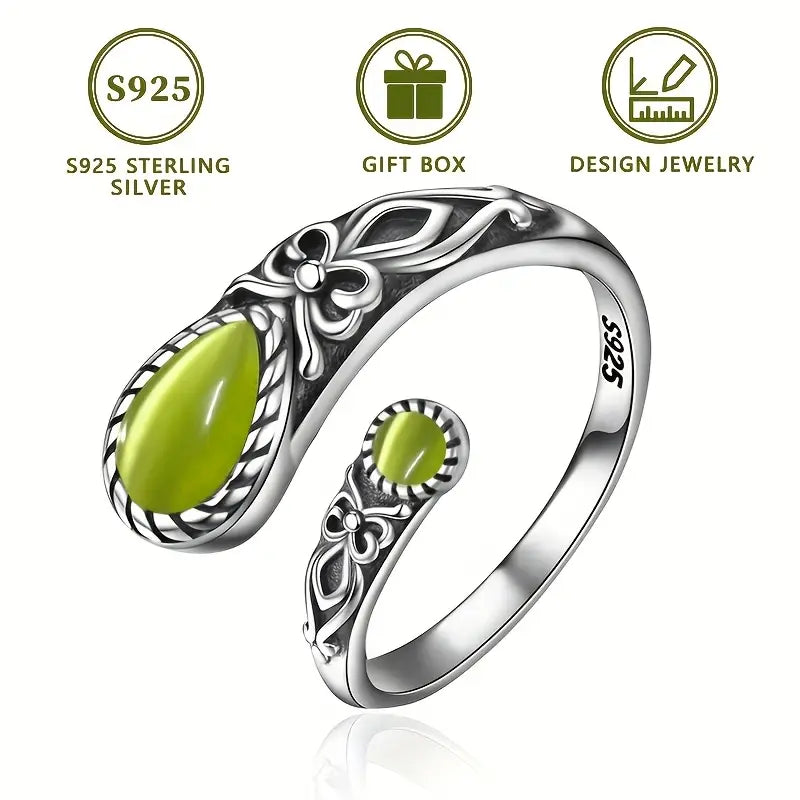 Sterling Silver Green Cats Eye Butterfly Pattern Spoon Ring Adjustable size P-T