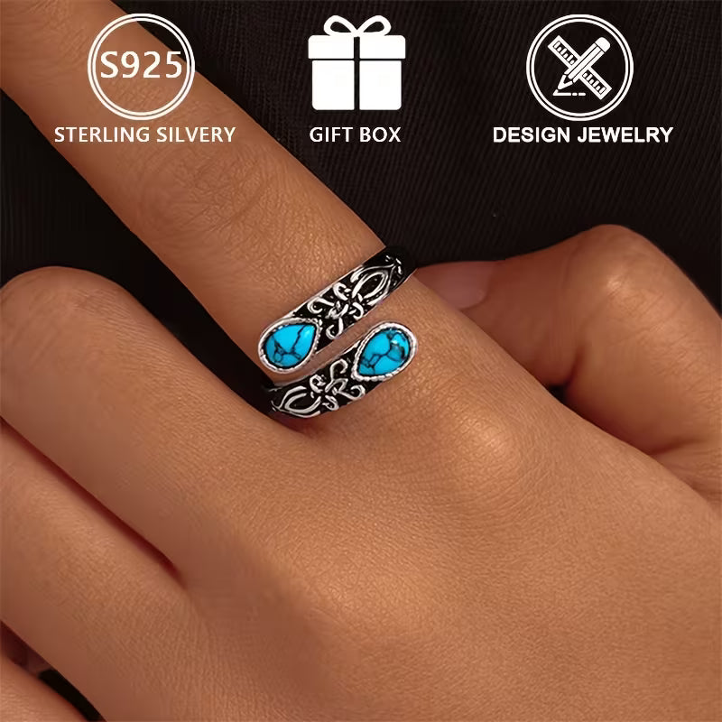 Sterling Silver Teardrop Turquoise Patterned Ring Adjustable P-T