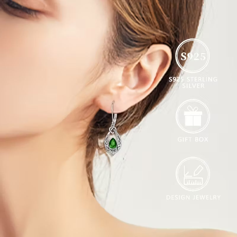 Sterling Silver Celtic Knot Emerald CZ Teardrop Drop Earrings
