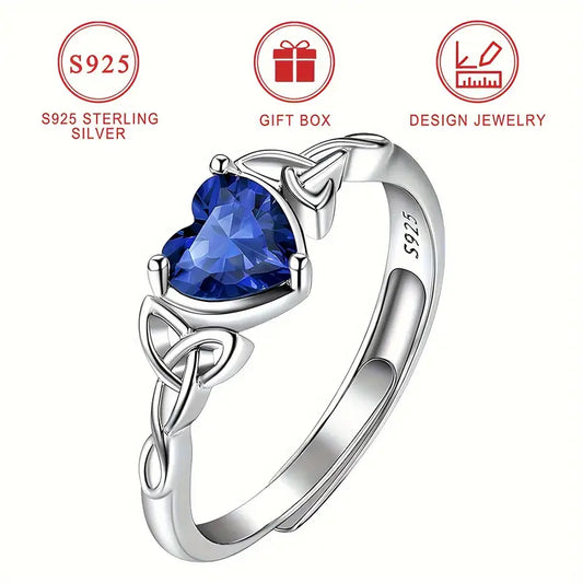 Sterling Silver Celtic Knot Dark Blue Cubic Zirconia Heart Ring (Adjustable)