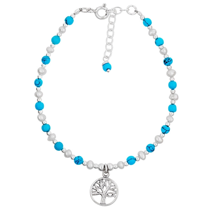 Sterling Silver, Turquoise & Pearl Tree of Life Bead Bracelet